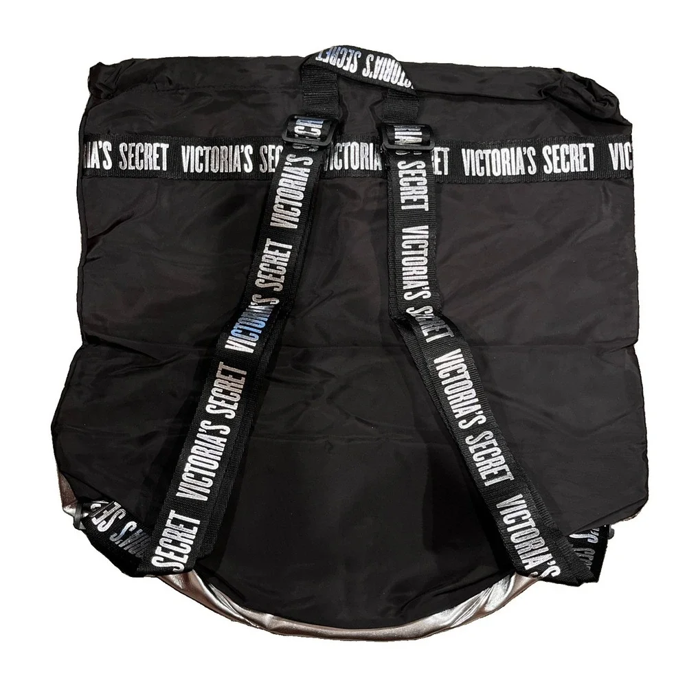 Victoria's Secret Drawstring Backpack Lightweight Gym Travel Casual Black&Silver